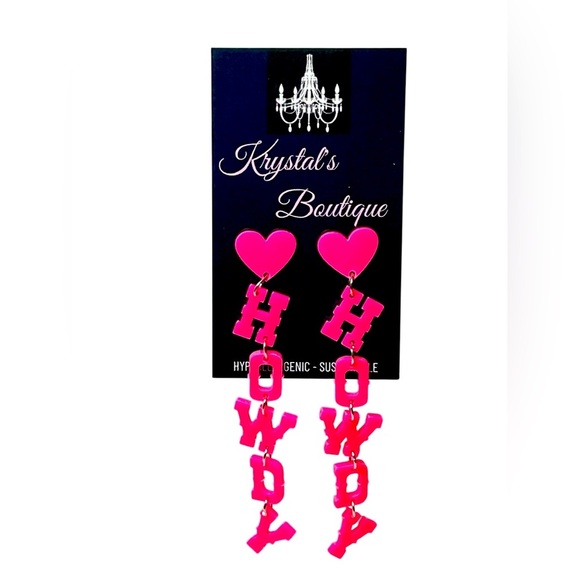 Hot Pink Heart HOWDY Cascading Dangling Acrylic Earrings Dolly Parton - Picture 1 of 9